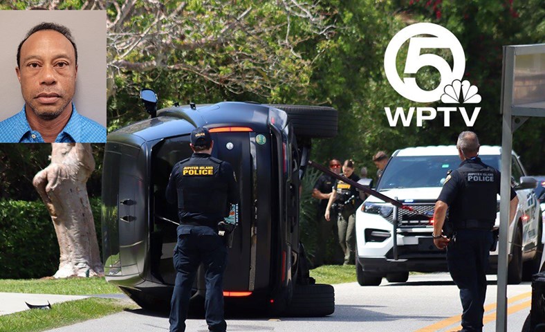 Tiger Woods handtekinn eftir bílveltu í Flórída